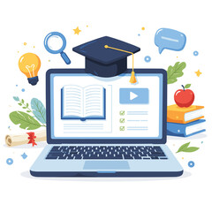 E-learning platform with laptop and graduation cap