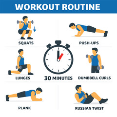 Workout routine infographic with exercises and timer