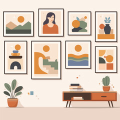 Gallery wall with framed artwork and plants