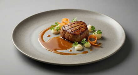 Grilled Filet Mignon With Glaze, Potato Puree and Carrot Ribbons on Elegant Plate