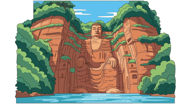 Cartoon depiction of the Leshan Giant Buddha statue in China.