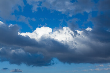 Blue sky background with white clouds. Cumulus white clouds in the blue sky.