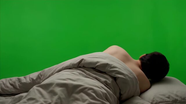 Back View of Man Under Gray Blanket on Bed Against Green Screen Studio Backdrop Sleep Concept