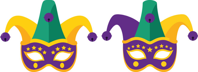 Mardi gras jester masks with bells and stars