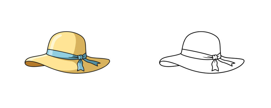 Summer straw sun hat in cartoon style featuring yellow wide brim with blue ribbon and bow used for beach fashion and sun protection on white background