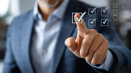 Obraz premium Faceless businessman pressing approve button with digital documents checklist icons, approval workflow document management, compliance process business validation, corporate