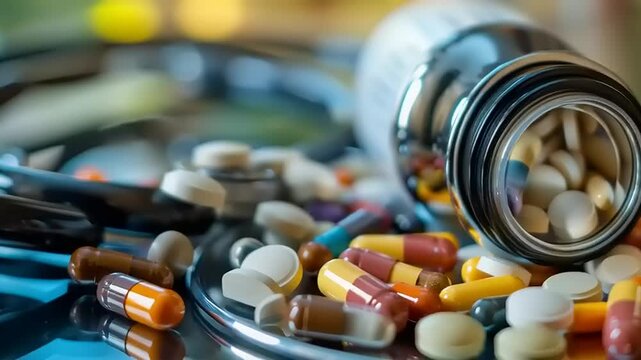 Pills Spilling from Bottle on Table.