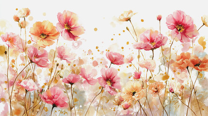 Fototapeta premium Elegant wedding invitation card background . Minimal hand painted watercolor Cosmosflowers texture template background. Design for wedding, vip cover, poster, rsvp moderncard. Valentine's Day