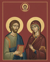 Minimalist Byzantine icon with Jesus and the Virgin Mary is in a reverent scene. God the Father is shown in a small golden medallion above.