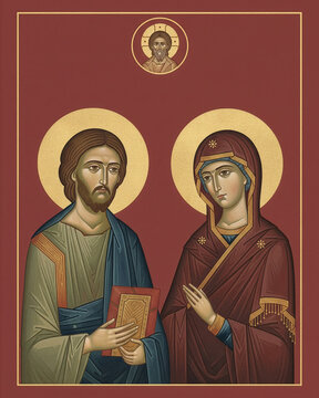 Minimalist Byzantine icon with Jesus and the Virgin Mary is in a reverent scene. God the Father is shown in a small golden medallion above.