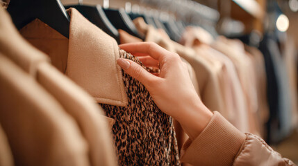 Obraz premium Hand selecting a coat among many options in a clothing store during a shopping trip