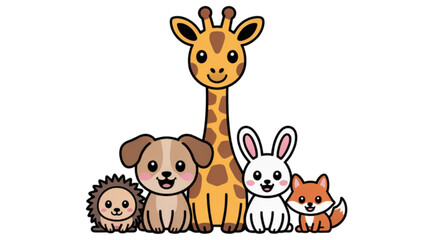 Obraz premium Cartoon animals group smiling together isolated on transparent background.
