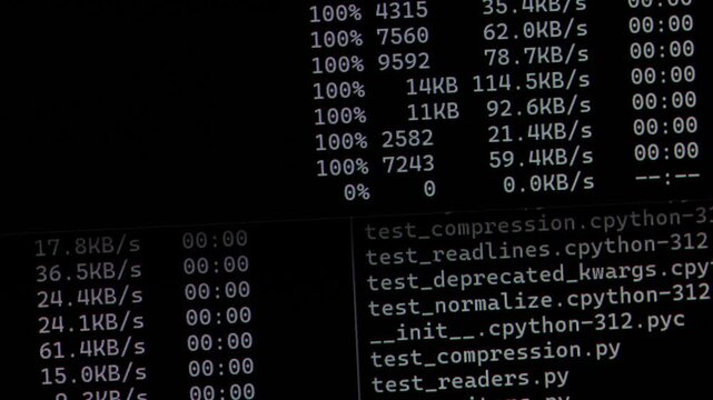Dark screen with command-line outputs listing files and system directories in structured columns.