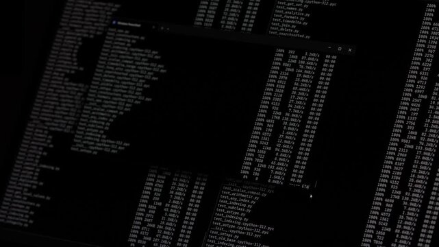 Multiple terminal windows showing file directories and command outputs in a dark-themed interface. Shell with data transfer for python code. Machine learning tools for artificial intelligence models