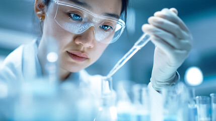 精密な実験を行う女性研究者
