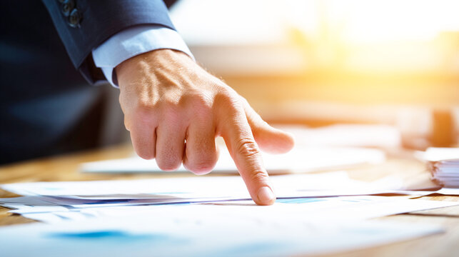 資料の重要なポイントを指差すビジネスマンの手元
