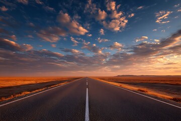 A long asphalt road stretches into the horizon under a dramatic sunset sky with golden clouds.