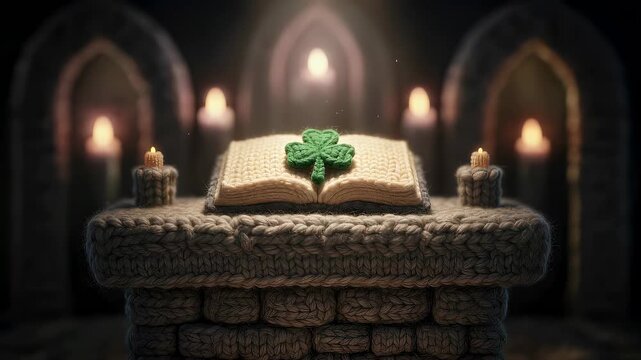 Knitted shamrock on an open book, symbolizing St Patrick day and Irish lore in a flickering candlelight setting.