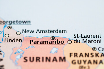 Map showing Suriname with capital Paramaribo and surrounding countries.