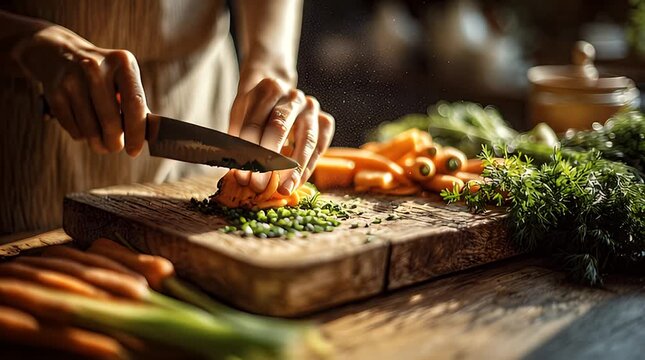 Chef slicing fresh vegetables on wooden cutting board in rustic kitchen