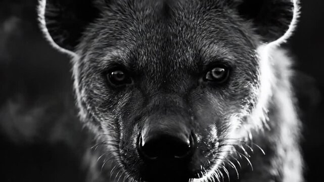Closeup of a hyenas face in black and white intense gaze.