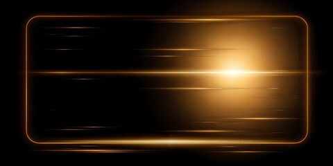 A bright golden light shines within a rectangular frame creating a sense of depth and motion on a dark background
