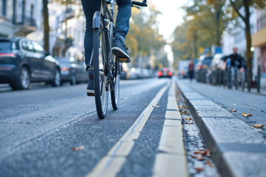 Cycliste circulant sur une piste cyclable en milieu urbain, mobilit&eacute; douce au c&oelig;ur de la ville, transport &eacute;cologique et am&eacute;nagements favorisant les d&eacute;placements durables.