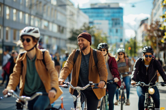 Groupe de cyclistes de profils vari&eacute;s circulant ensemble en ville, mobilit&eacute; urbaine durable et convivialit&eacute; au c&oelig;ur de l&rsquo;espace public.