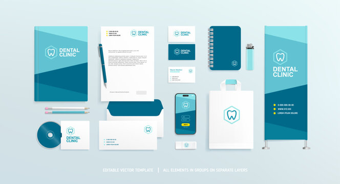 Dentistry branding logo presentation on promo stationery mock-up set with abstract blue graphics for Dental Clinic, Medical Center or pharmacy - editable vector 
