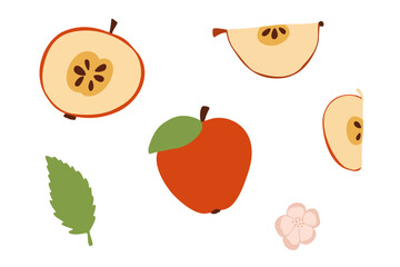 Apple fruit with red skin and green leaf, slice of apple with brown seeds inside