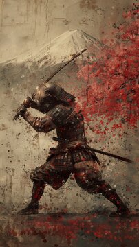 A samurai warrior strikes a dynamic combat pose with swords drawn amid swirling red sakura leaves. The artistic scene captures the intensity of feudal Japanese battle.