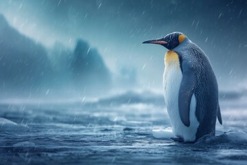 Fototapeta premium A lone emperor penguin stands on icy water as snow falls under moody blue skies. Its regal posture captures resilience, solitude, and the stark beauty of Antarctica.