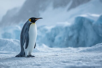 Fototapeta premium A majestic emperor penguin stands alone on snow-covered ice with blue-tinted glaciers in the background. The solitary bird faces forward in this serene Antarctic landscape.
