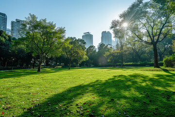 Fototapeta premium Parc urbain verdoyant au cœur de la ville, arbres et pelouse sous la lumière du soleil, nature en milieu urbain et biodiversité en ville
