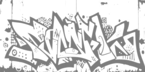 Naklejka premium Black and White Graffiti Mural Street Art With Hand drawn vintage floral vector pattern featuring abstract grunge grass and symbols on a textured paper sketch illustration.
