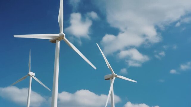 Wind turbines generating clean energy on a bright sunny day with blue skies and fluffy clouds