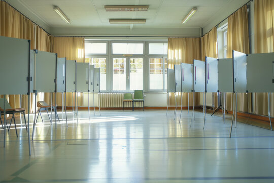 Int&eacute;rieur d&rsquo;un bureau de vote municipal vide avec isoloirs install&eacute;s, pr&ecirc;t pour une &eacute;lection, illustrant d&eacute;mocratie, organisation &eacute;lectorale et participation citoyenne.