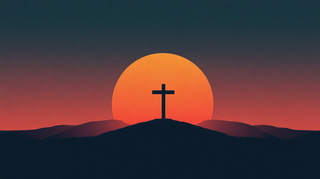 Christian cross on a hill silhouetted against large dramatic setting sun, symbol of crucifixion and hope, minimalist vector illustration in warm orange and red tones for Good Friday and Easter concept