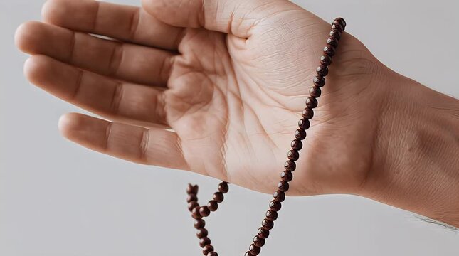 Hand holding a string of prayer beads against a neutral background
