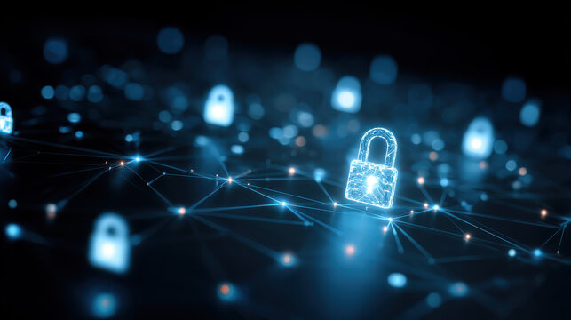 Secure Network: Glowing Icons and Padlock, a Digital Fortress for Online Protection