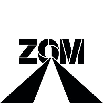A stylized black and white logo featuring the word ZOM with a camera lens design element.