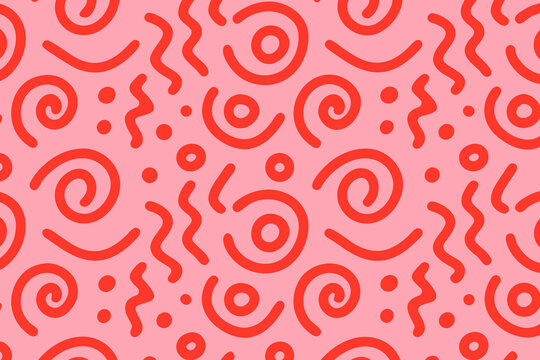 Red swirls and squiggles on pink background pattern design element