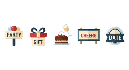Naklejka premium Celebration icons: party, gift, cake, cheers, date