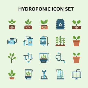 Hydroponic Icon Set with Plants and Devices.