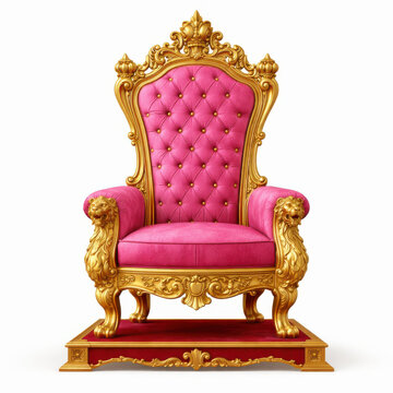 Luxurious pink velvet royal throne chair with ornate gold baroque carving and tufted upholstery isolated on white background for monarchy luxury interior decor and wedding event design
