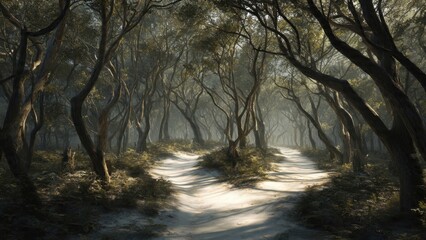 Eerie Path Through a Misty Forest