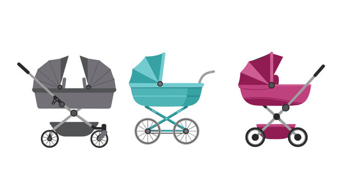 Three distinct baby strollers including a grey double version, a teal pram, and a pink pram displayed side by side.