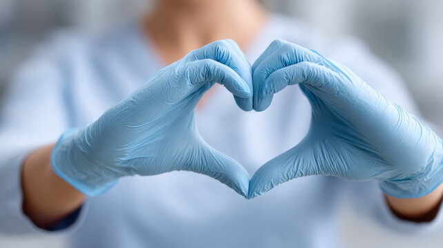 Healthcare worker making heart shape with gloved hands