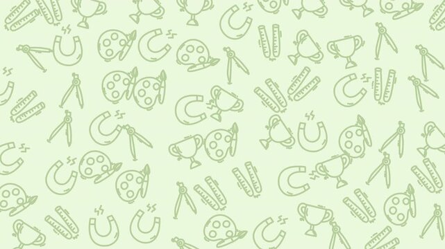 Seamless repeating pattern of hobby and art icons on a pastel green background ideal for creative projects backgrounds packaging and textile design.