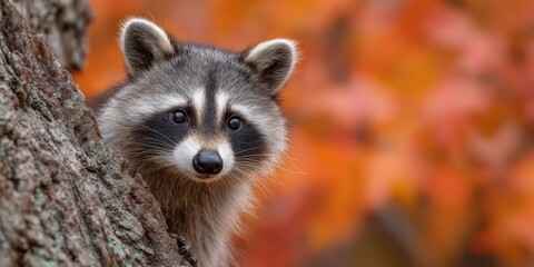 autumn raccoon, in an illinois river valley, a curious raccoon peeks out from the hollow of an ancient maple tree amid a kaleidoscope of autumn foliage